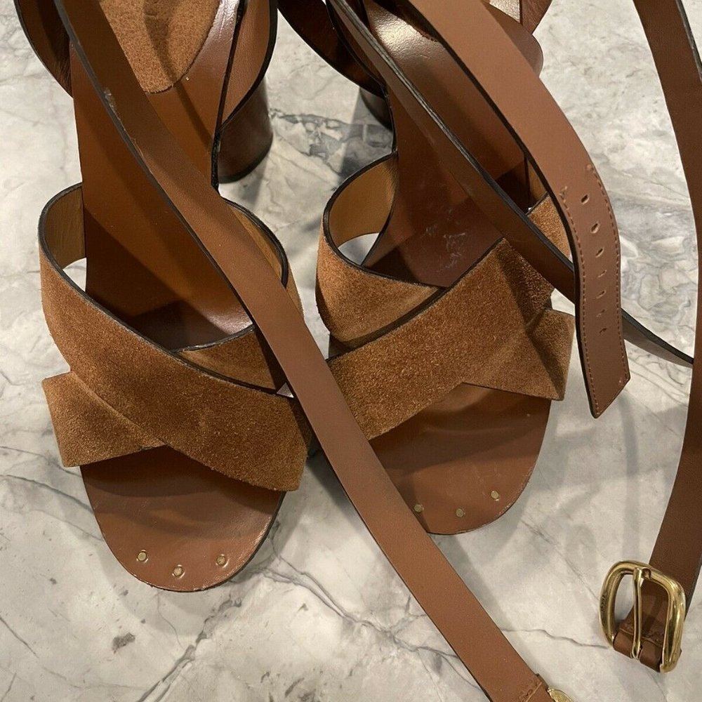 GUCCI 37.5 Brown Suede & Leather Ankle Wrap Strap Sandal Heels Maori - Picture 5 of 11